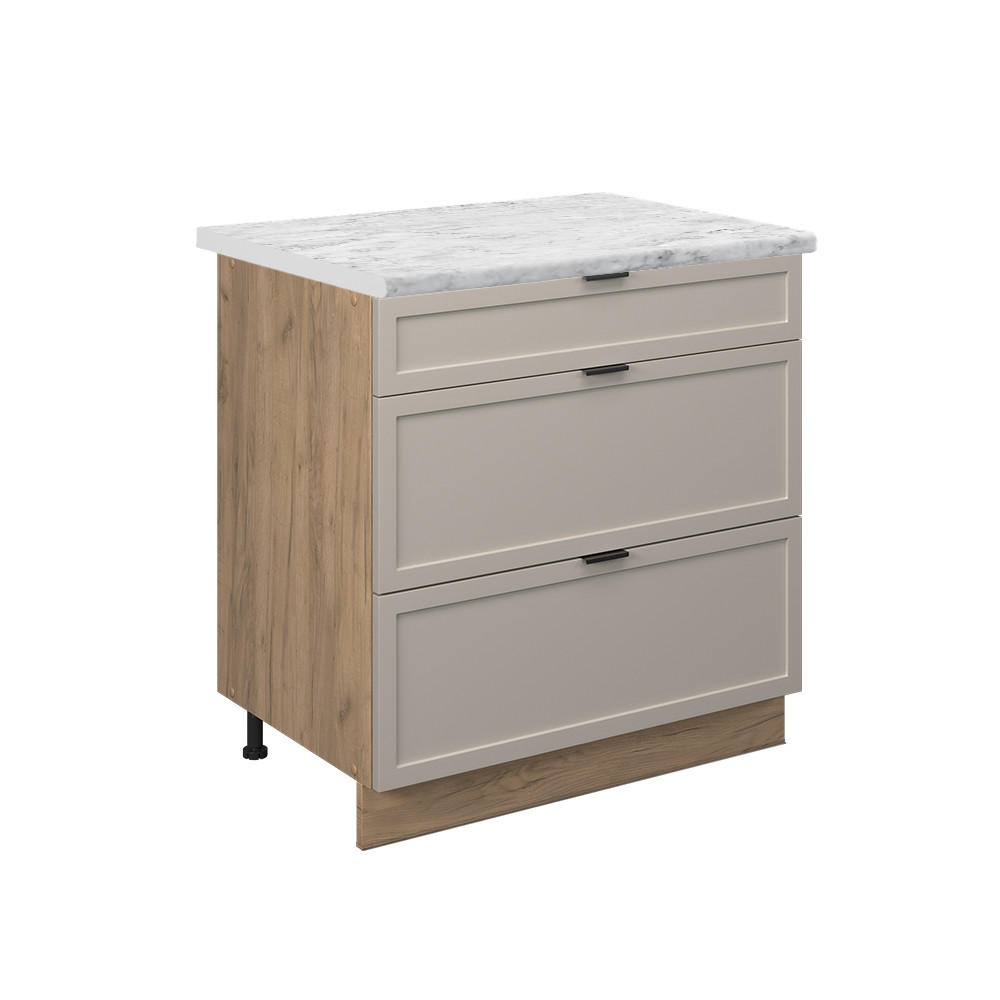 KÜCHENUNTERSCHRANK Fame-Line GrauBeige 80 cm mit 3 Schubladen AP Marmor - Honigeiche/Eiche Wotan, Holzwerkstoff (80/82/60cm) - Vicco