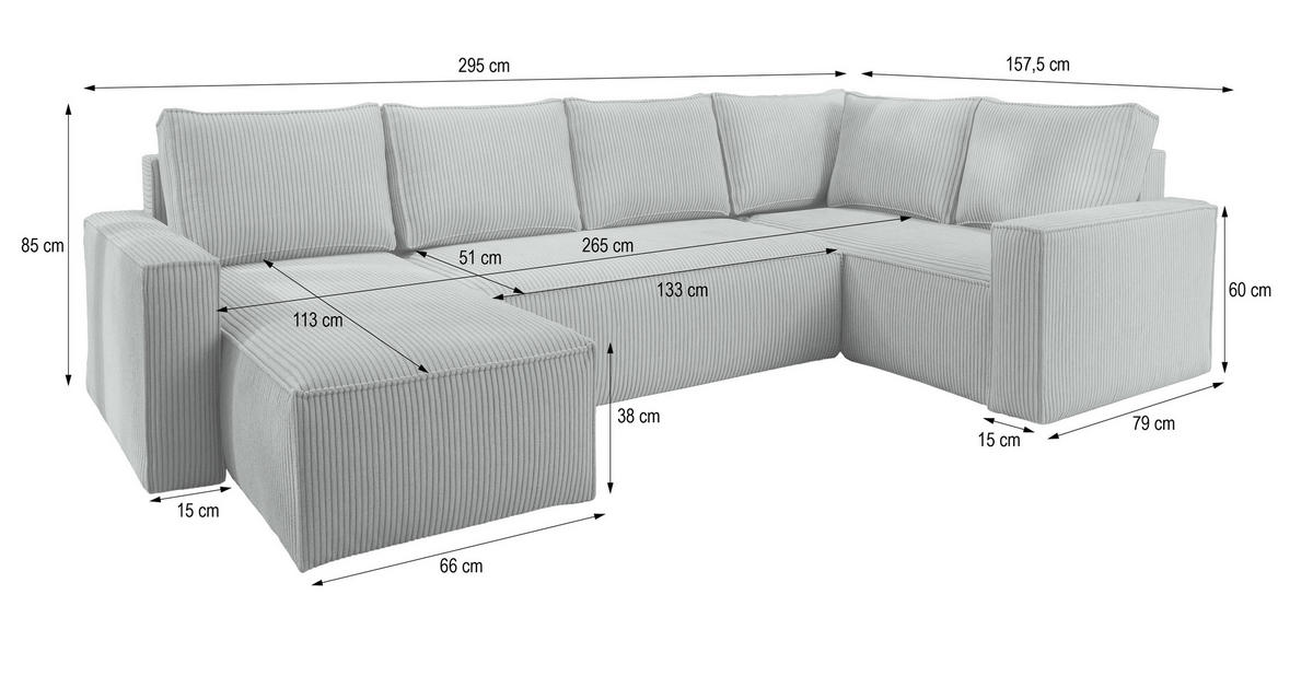 WOHNLANDSCHAFT NORENA R-S Hellgrau Kordstoff mit Schlaffunktion - Hellgrau, Holz (295/85/157.5cm) - MASSENO