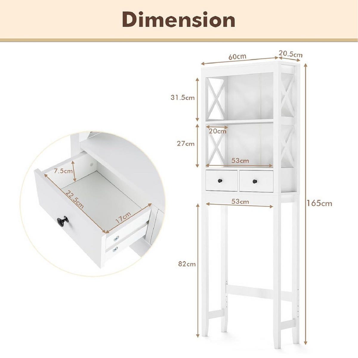 TOILETTENREGAL mit offenen Einlegeböden weiß - Weiß, Holzwerkstoff (60/165/20.5cm) - COSTWAY