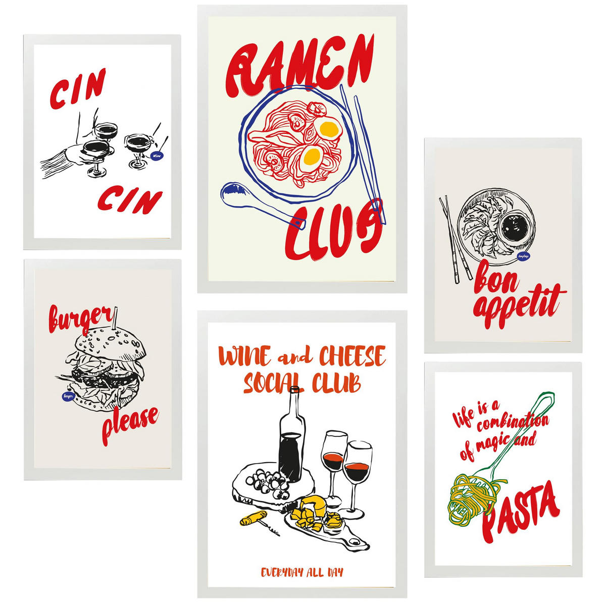 POSTER Set Mit 6 Von Lebensmitteln & Pop Art Ramen & Pasta A3 & A4 Weißer Rahmen - Weiß, Papier (29/3cm) - Nacnic