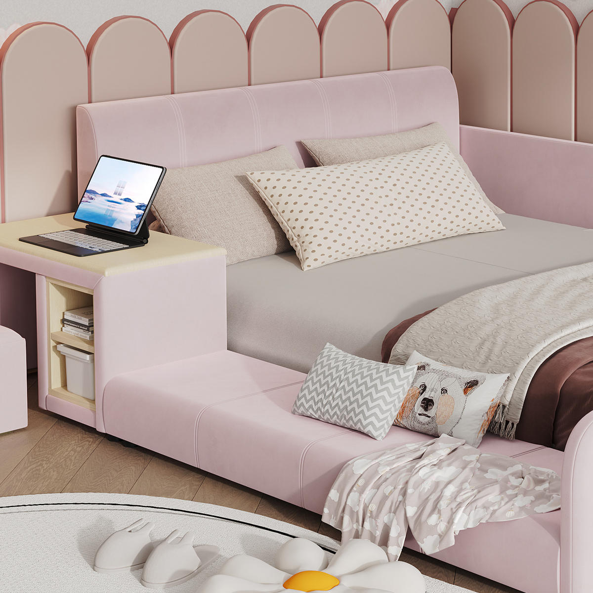 BETT 90/200 cm in Pink mit Schreibtisch, Hocker und Ablageboden - Rosa, Textil (90/200cm) - Flora Grace