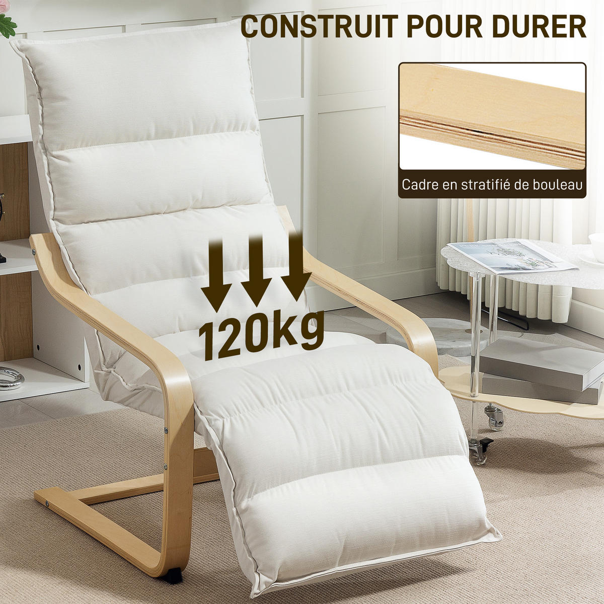 RELAXSESSEL DE-13311 mit verstellbarer Fußstütze & Veloursbezug Creme - Creme, Holz (67/105/93cm) - ComfortXL