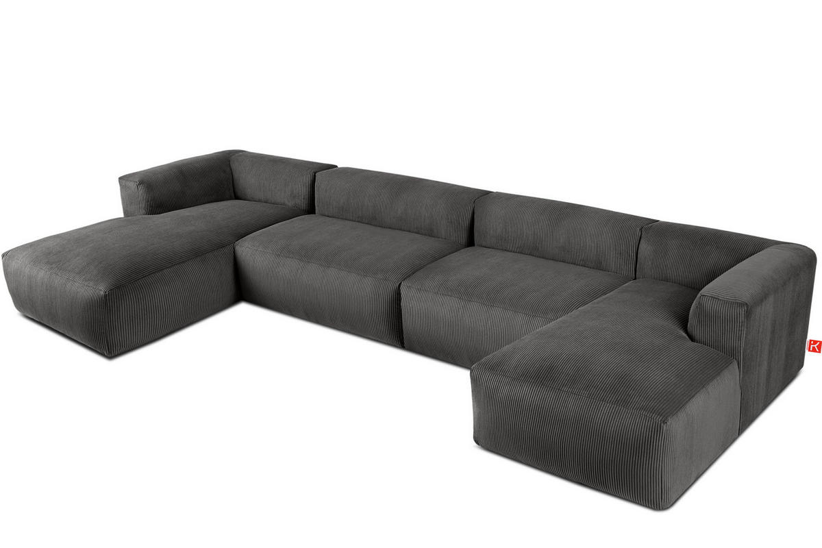 PANORAMA-ECKSOFA BUFFO 7/8 Sitzer mit extrem weicher Sitzfläche, Kordstoff, grau - Grau, Textil (424/73/180cm) - KONSIMO®