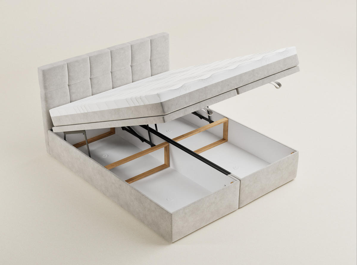 BOXBETT 160/200 cm Gotu S, in Beige, Matratze, gepolstertes Kopfteil, Bettkasten, H3 = fest - Beige/Schwarz, Holz/Holzwerkstoff (160/200cm) - Maison de Reve
