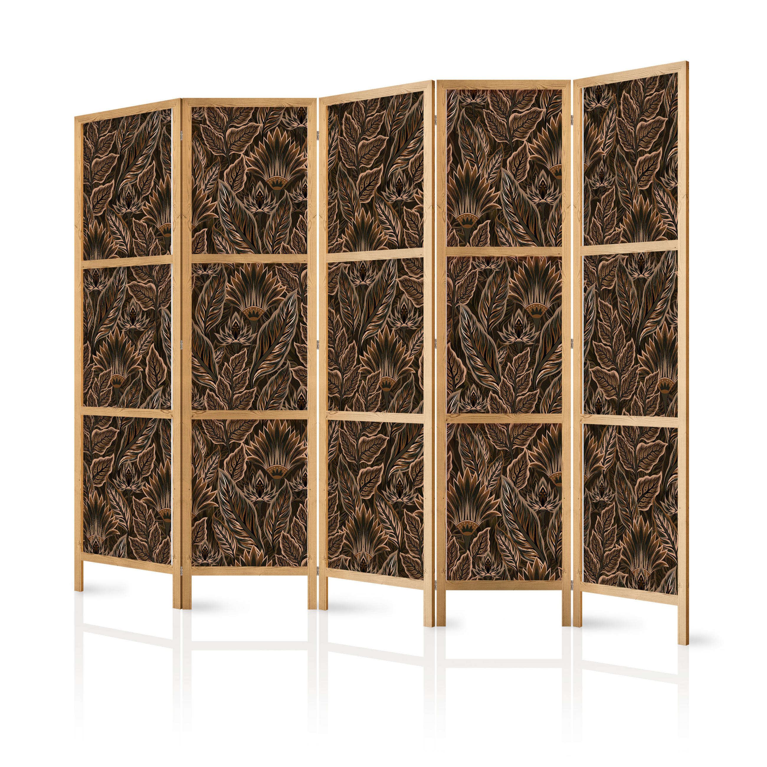 PARAVENT Japanischer 5-tlg 225x172 cm Braune Bl tter - Braun, Holz/Textil (225/172/3cm) - Muralo