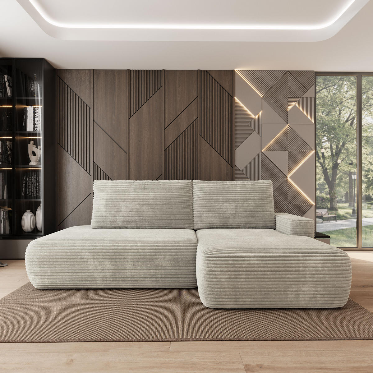 ECKSOFA AVINI T R-S Hellgrau Kordstoff mit Schlaffunktion - Hellgrau, Holzwerkstoff/Textil (277/160cm) - MASSENO