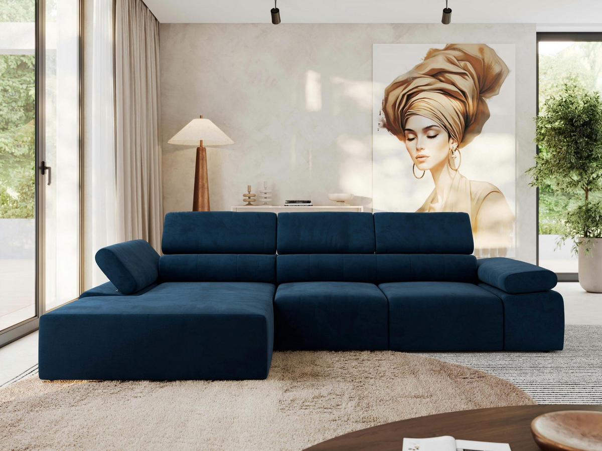 ECKSOFA RILASSO L Dunkelblau Velvet - links - Schwarz/Dunkelblau, Kunststoff/Textil (296/174cm) - MKS