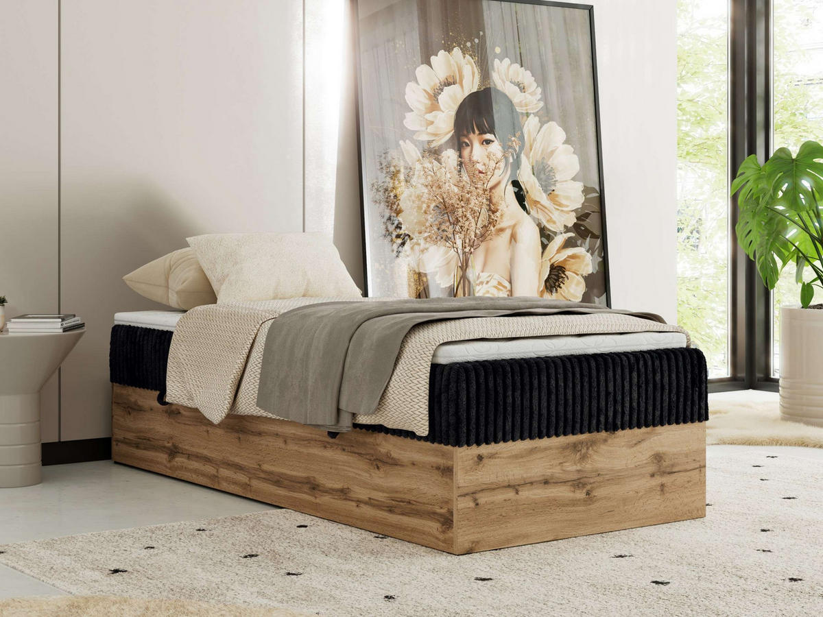 BOXBETT WOOD ZERO 90/200 - Schwarz Cord - H4 - Topper Visco - Schwarz, Textil (90/200cm) - MKS