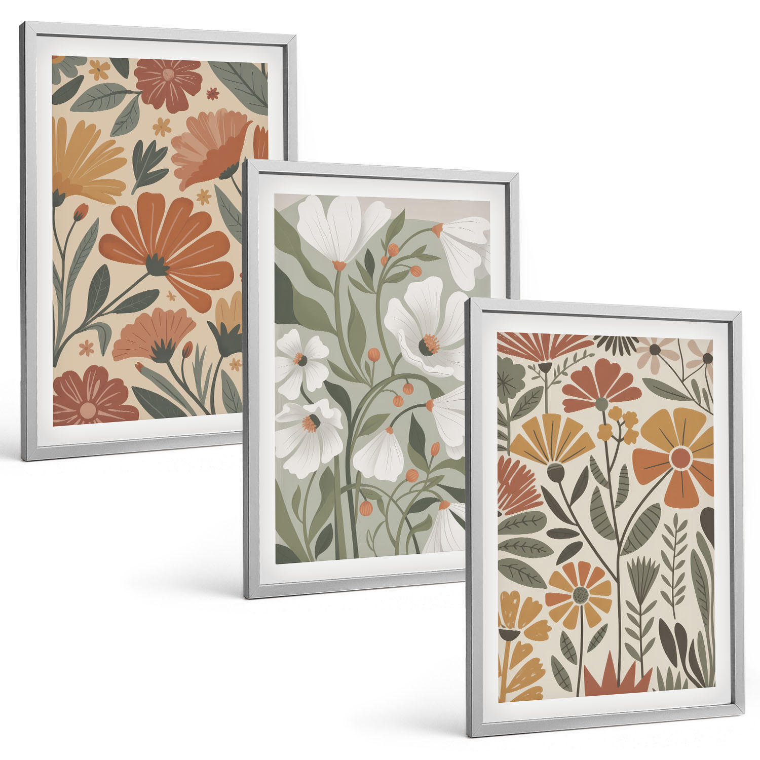 BILDER SET 3er Set - 40x60 cm Silberner Rahmen - Blumenmuster in Orange und Grün - Silberfarben, Kunststoff (40/60cm) - TULUP