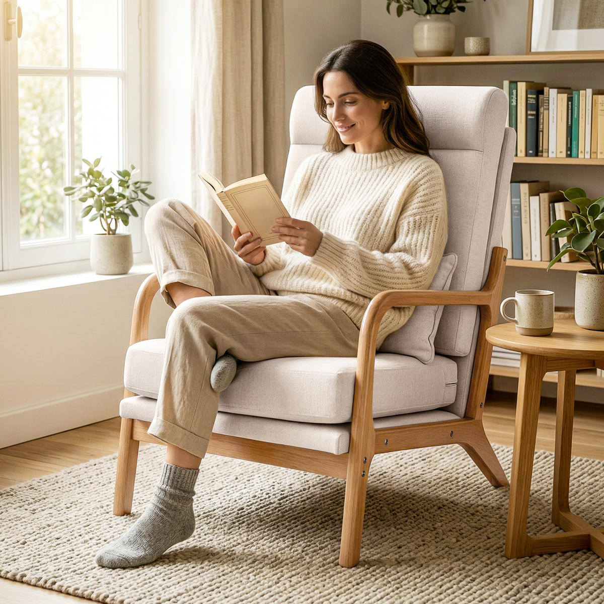 SESSEL DE-13363 hohe Rückenlehne & Lendenkissen Creme - Creme, Holz (64/93/86cm) - ComfortXL