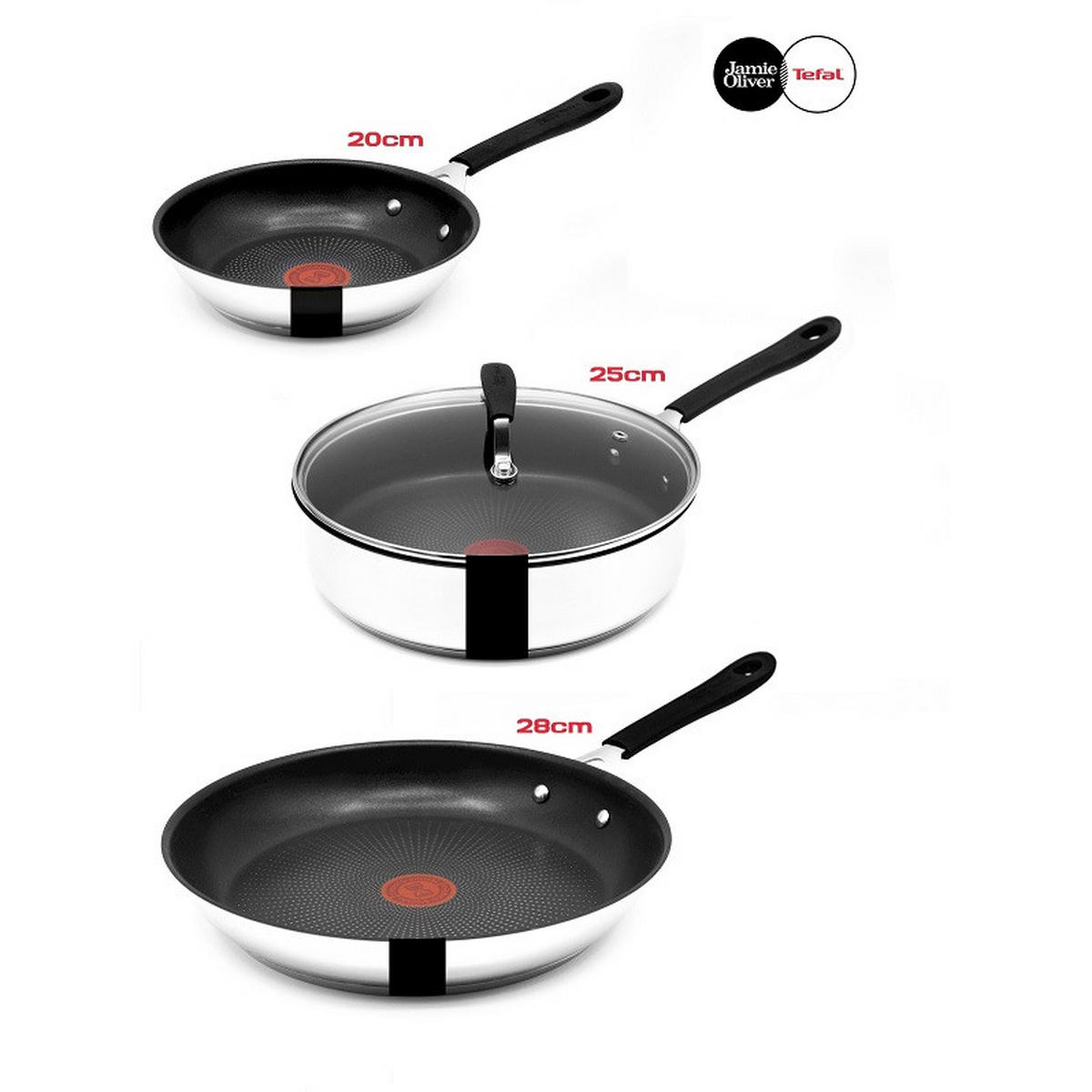 PFANNENSET -Jamie Oliver- 4-tlg, Pfanne 20+28cm, Schmorpfanne 25cm mit Glasdeckel, Bratpfanne Set, Induktion geeignet, Antihaftbeschichtet, Edelstahl - Silberfarben, Metall - Tefal