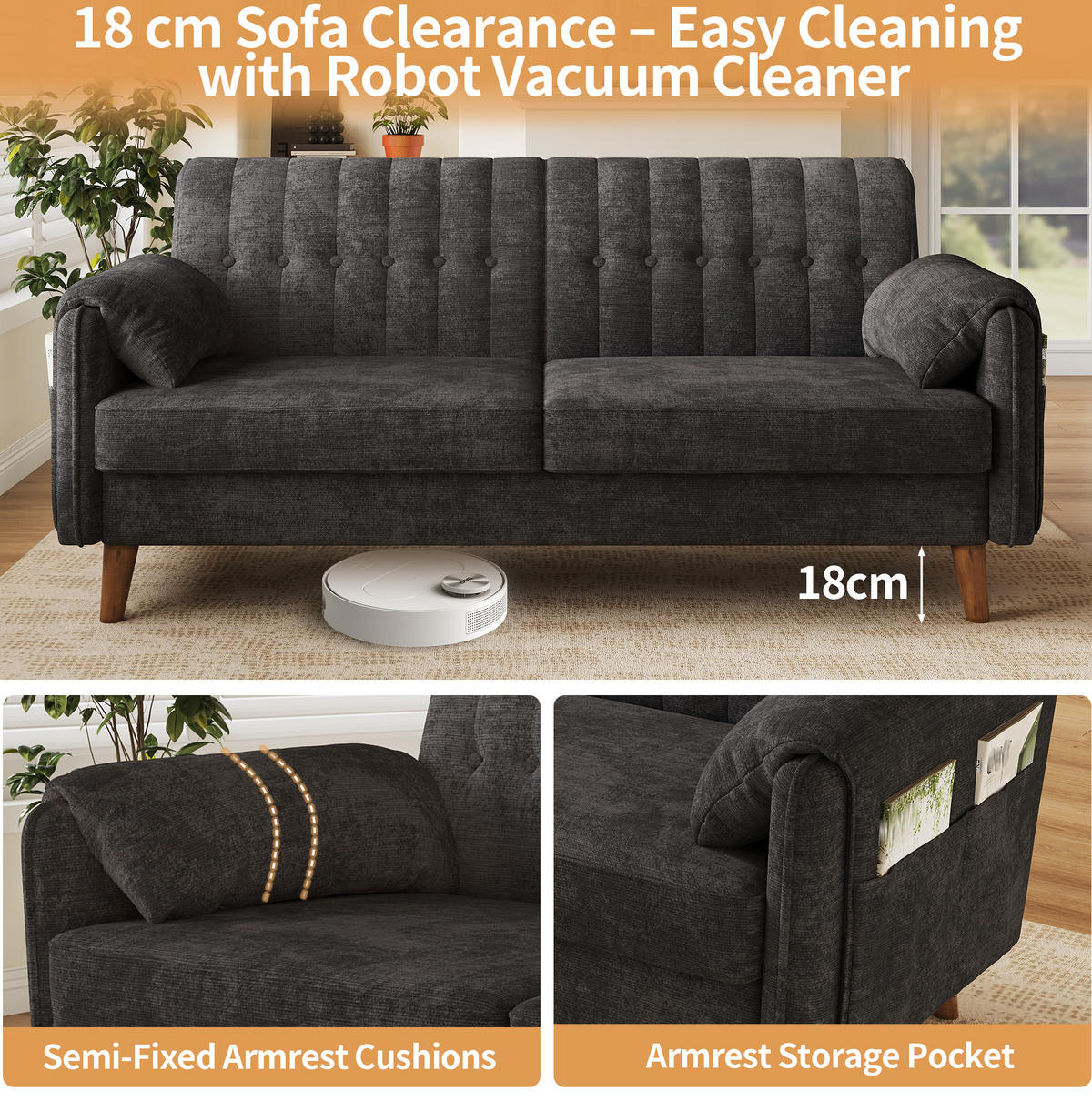 SOFA 161,5/79/83,5 cm in Dunkelgrau aus Chenille mit Armlehnenkissen - Anthrazit, Textil (79/83.5/161.5cm) - Flora Grace