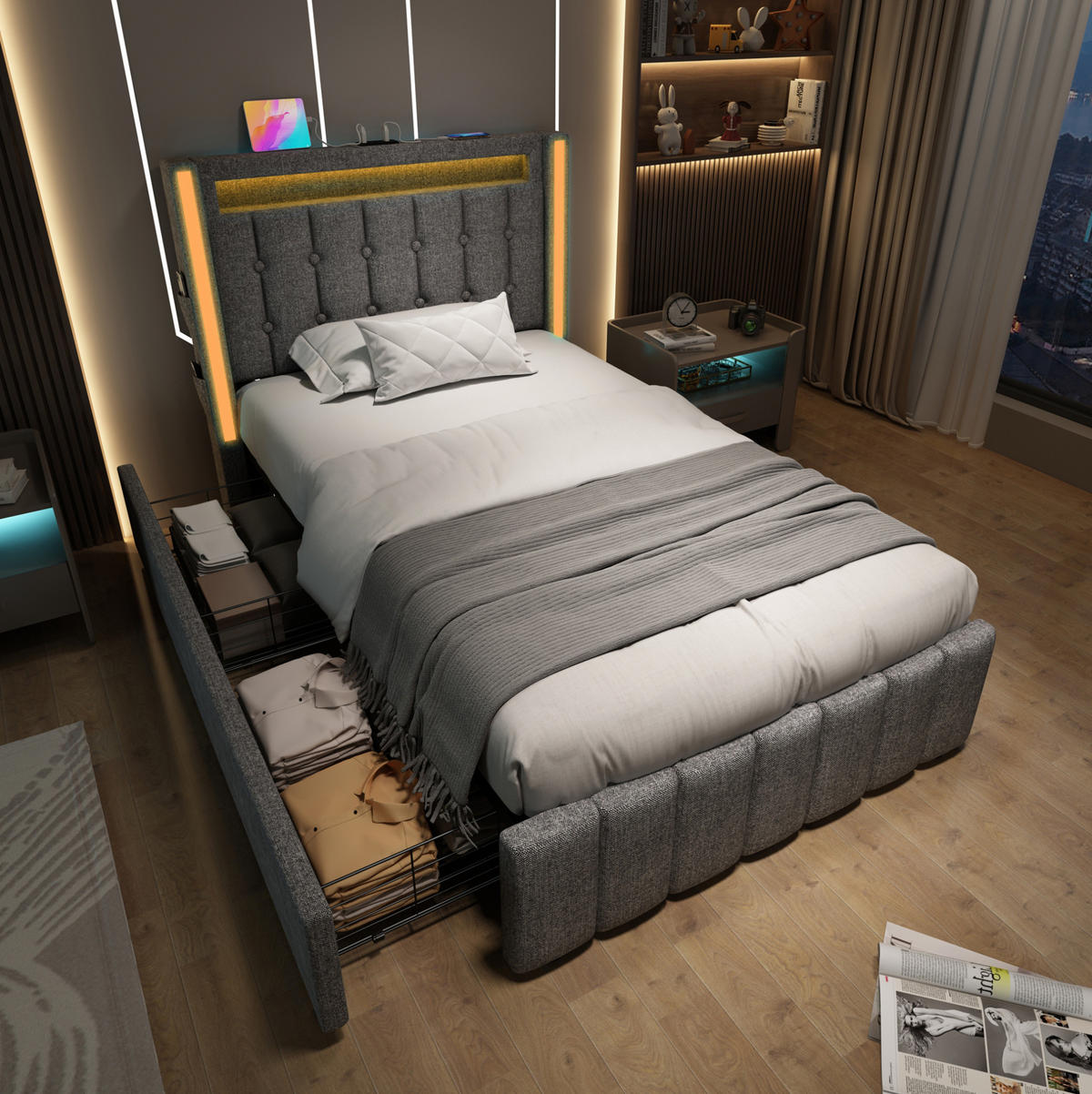 POLSTERBETT 90/200 cm Grau aus Leinen mit LED-Beleuchtung, Ladefunktion und 2 Schubladen - Grau, Textil (90/200cm) - OKMYHOME