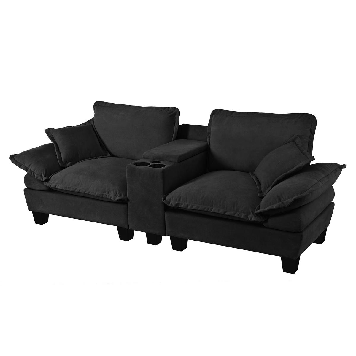 SOFA 2-Sitzer aus Chenille mit USB-Anschlüssen, Stauraum & Getränkehaltern, schwarz - Schwarz, Textil (82/90/224cm) - Luhomfu