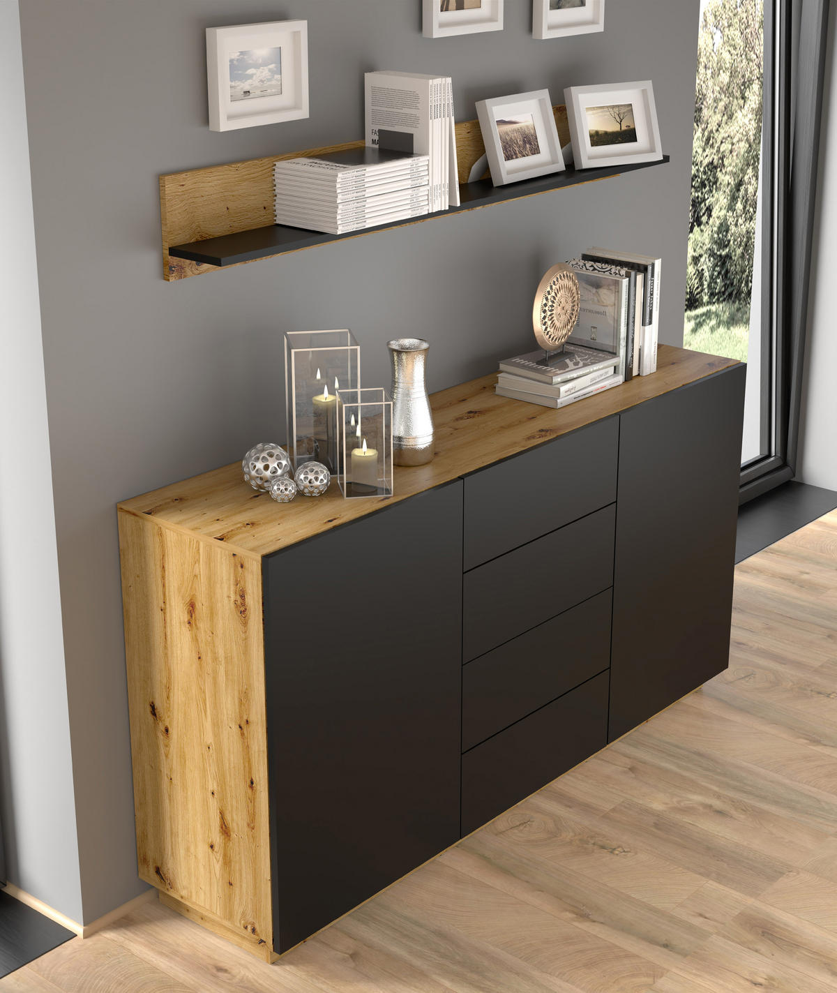 WANDREGAL Artisan Eiche, Schwarz 150/20/16 - Schwarz, Holzwerkstoff (150/20/16cm) - RAUMHIRSCH FURNITURE