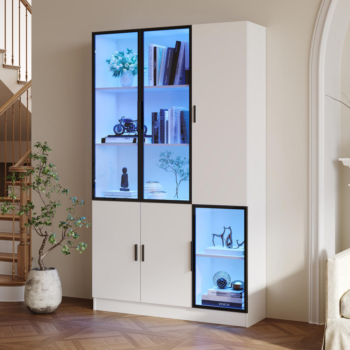 HIGHBOARD mit Glastüren 120/35/200 cm in Weiß mit LED-Beleuchtung - Weiß, Holzwerkstoff (120/200/35cm) - BEAOK