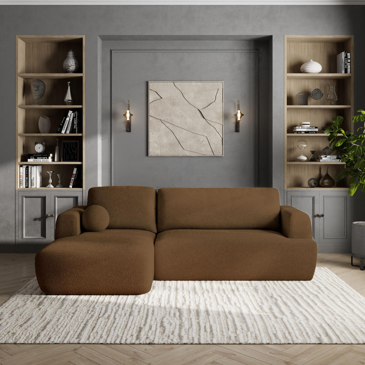 ECKSOFA SENTI N L-S Braun Boucle-Stoff mit Schlaffunktion - Schwarz/Braun, Holz/Kunststoff (246/148cm) - MASSENO