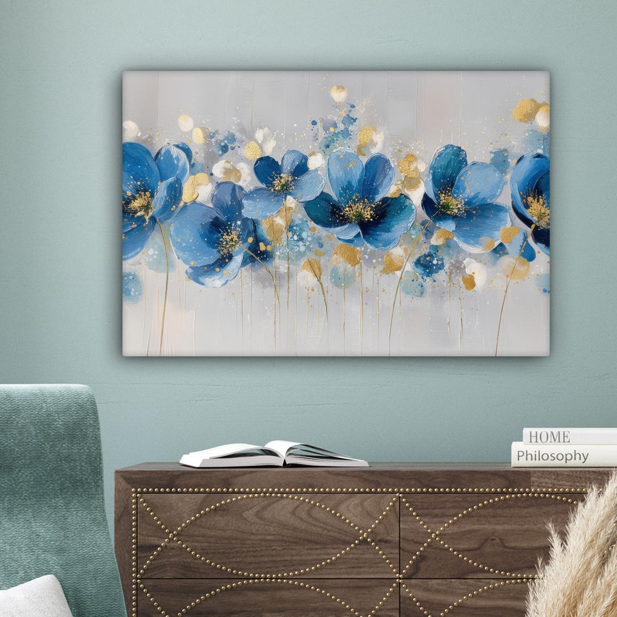 LEINWANDBILD Blumen - Blau - Abstrakt Gemälde 60x40 cm - Hellgrau, Textil (60/40cm) - MuchoWow