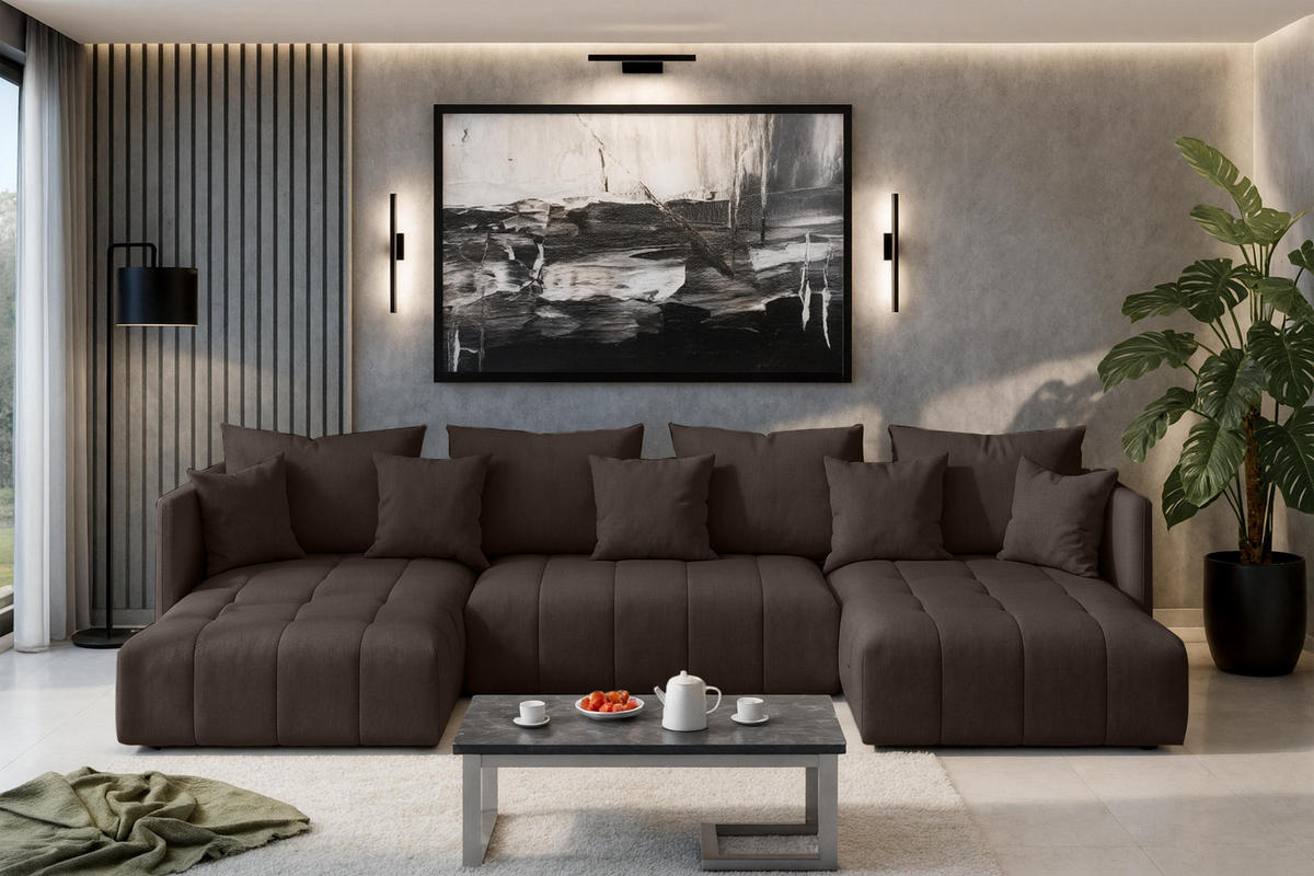 WOHNLANDSCHAFT Veliro U Braun 353/180/83 cm mit Schlaffunktion und Bettkasten - Schwarz/Braun, Kunststoff/Textil (353/83/180cm) - AX Living