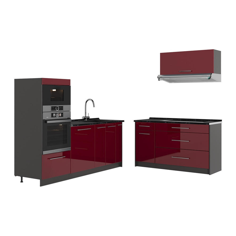 KÜCHENZEILE Fame-Line, Bordeaux Hochglanz/Anthrazit, 340 cm, AP Anthrazit - Bordeaux/Anthrazit, Holzwerkstoff (340/153.6/60cm) - Vicco