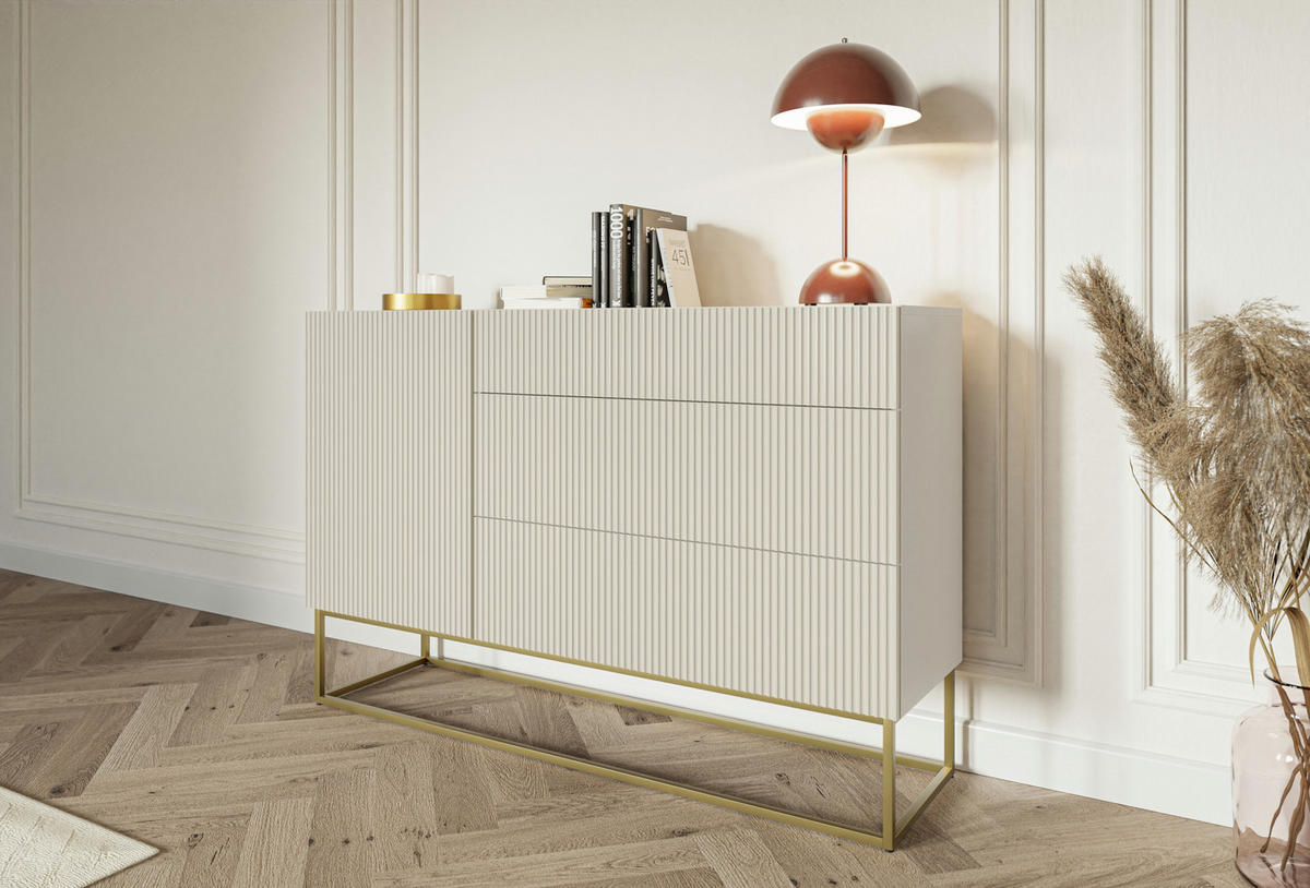 SIDEBOARD Veldio Greige mit 3 Schubladen 140 cm - Taupe/Goldfarben, Holzwerkstoff/Metall (140/90/38cm) - Selsey