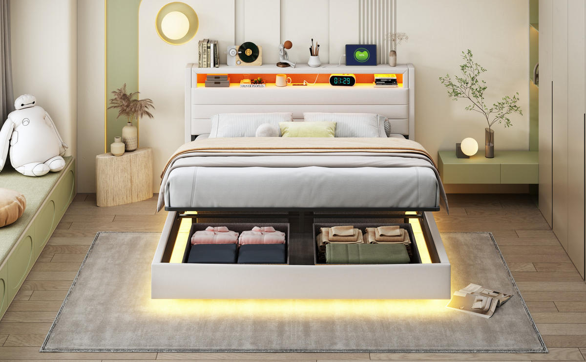 POLSTERBETT 160x200 cm LED USB Stauraum beige - Beige, Textil (160/200cm) - Fortuna Lai