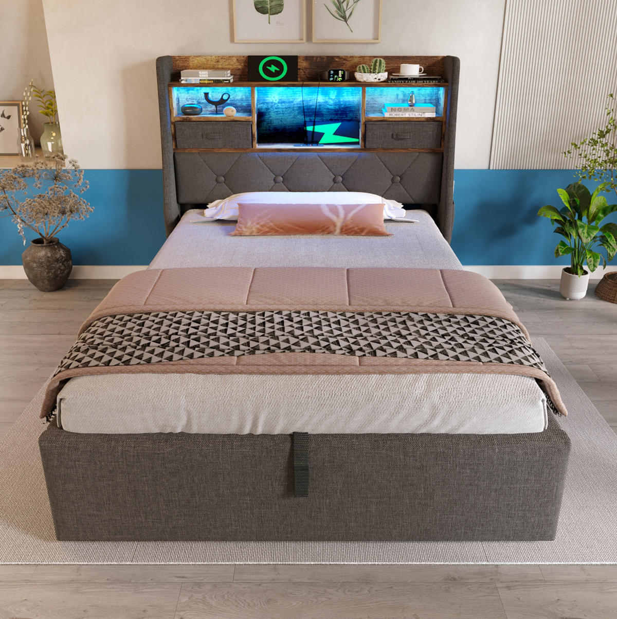 POLSTERBETT mit Stauraum & LED 90x200 cm Leinen Grau inkl. Lattenrost - Grau, Metall (90/200cm) - Meubliv