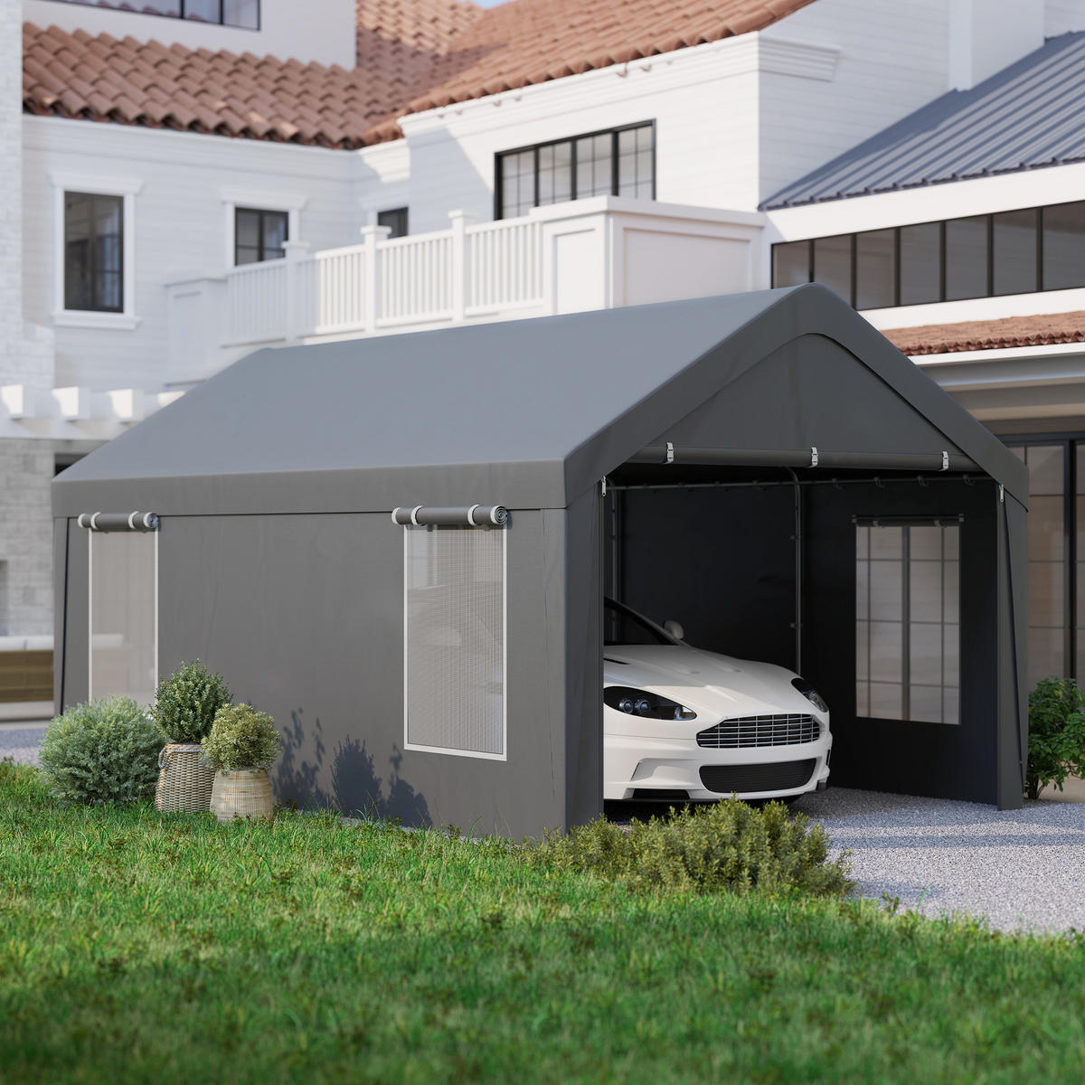 CARPORT DE-12659 300/600 cm mit 2 Rolltüren und 4 Fenstern Dunkelgrau - Dunkelgrau, Kunststoff (303/280/600cm) - ComfortXL