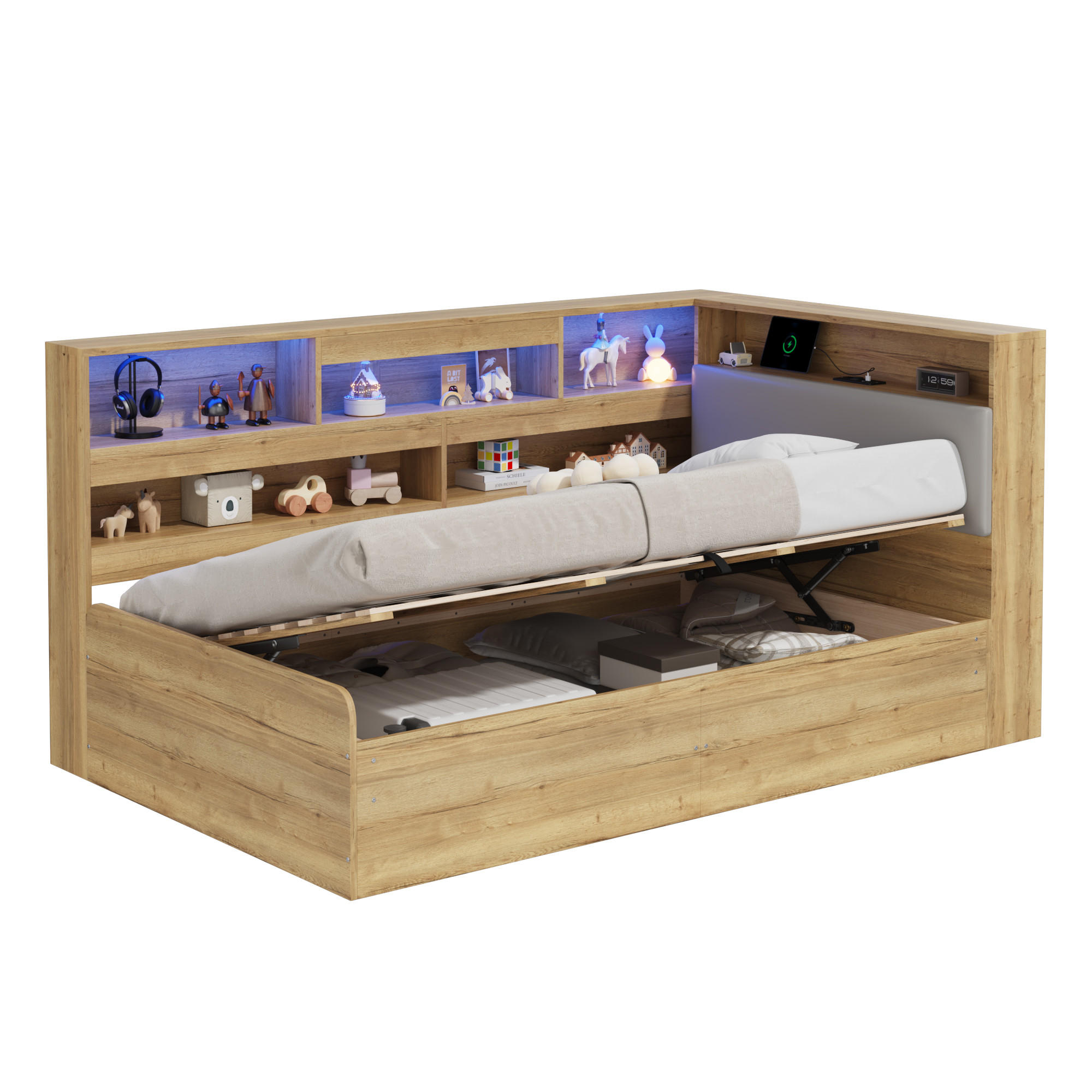 DAYBETT Natur 90x200 LED USB Hydraulik Stauraum Holz - Naturfarben, Holzwerkstoff (90/200cm) - FLIEKS