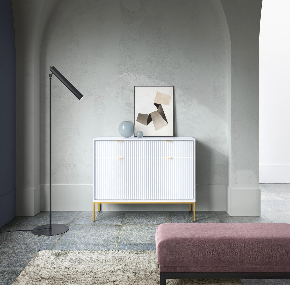 SIDEBOARD Vellore Weiß mit goldenen Metallbeinen 104 cm - Goldfarben/Weiß, Holzwerkstoff/Metall (104/83/39cm) - Selsey