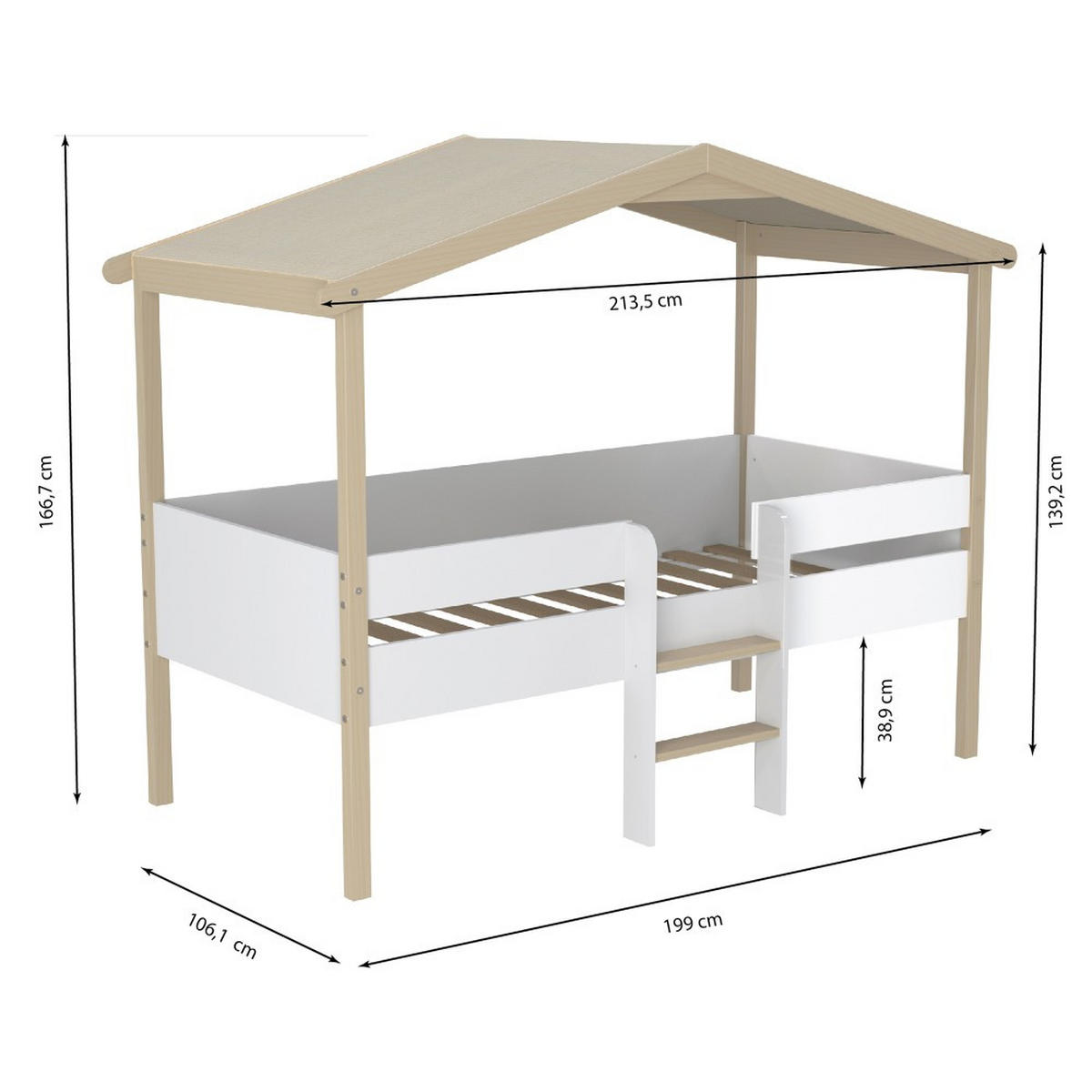 HAUSBETT PILOTI MIT LATTENROST / Kinderbett 90x190 - Weiß und Naturholz - Weiß, Holz (90/190cm) - Weber Industries
