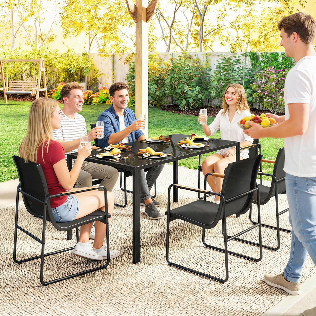 GARTENTISCHGRUPPE DE-18119 7-teilig, Glasplatte, Mesh-Bezug Schwarz - Schwarz, Metall - ComfortXL