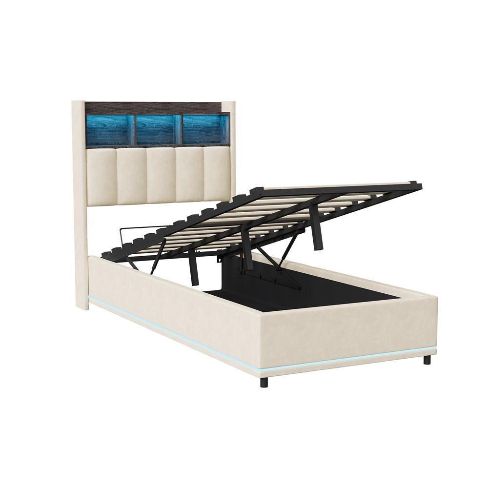 POLSTERBETT 90x200cm - Einzelbett mit RGB-LED-Beleuchtung am Kopfteil und Unterboden Stauraum-Kopfteil - Beige - Beige, Textil (90/200cm) - DELFA