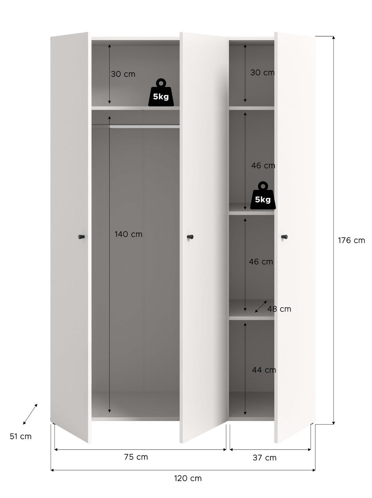 KLEIDERSCHRANK weiß 3-türig 120 cm, Drehtürenschrank mit zusätzlichen Einlegeböden - Schwarz/Weiß, Holzwerkstoff/Kunststoff (120/176/51cm) - Inn.Furn