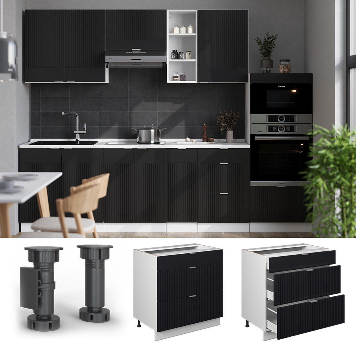 KÜCHENUNTERSCHRANK Fame-Line, Schwarz gestreift, 80 cm mit 3 Schubladen, AP Eiche - Schwarz/Weiß, Holzwerkstoff (80/82/60cm) - Vicco