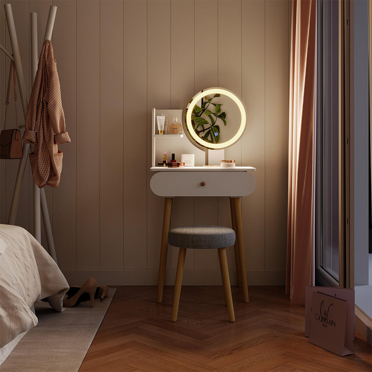 SCHMINKTISCH Edda Weiß 60 cm mit LED-Spiegel und Hocker - Weiß, Holzwerkstoff (60/127/40cm) - Vicco