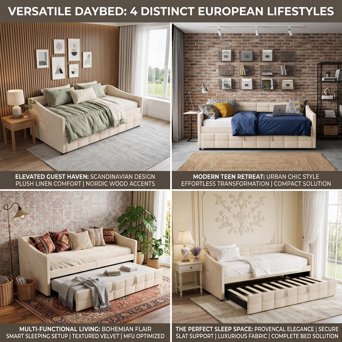 POLSTERBETT Tagesbett 90/200 cm erweiterbar auf 180/200 cm Samtoptik Creme - Beige, Textil (90/200cm) - Creahappy