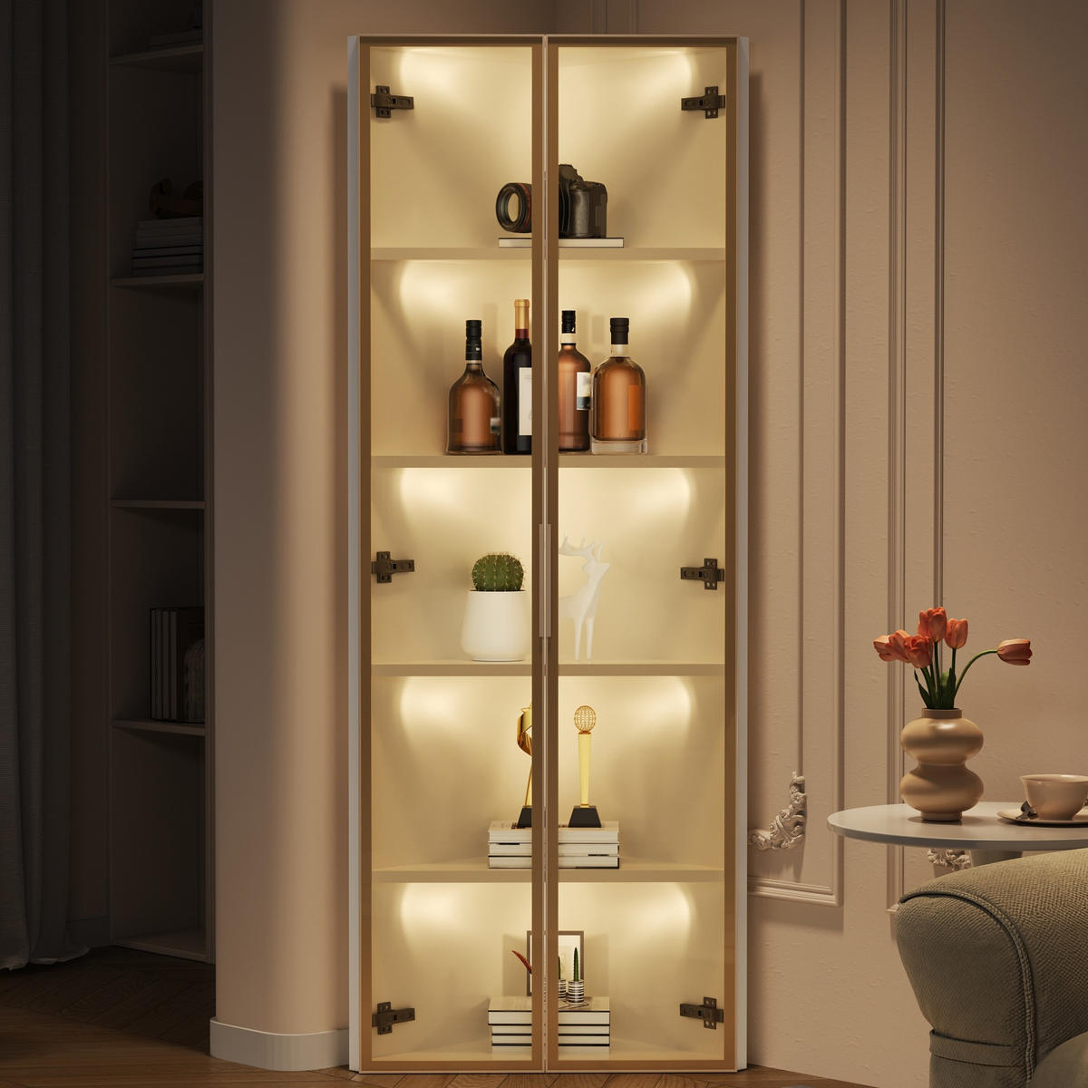 ROHOVÁ vitrína z MDF 62x35x160 cm bílá s LED osvětlením, tichým dovíráním a bezpečnostním sklem - bílá, kompozitní dřevo (62/160/35cm) - Modfu