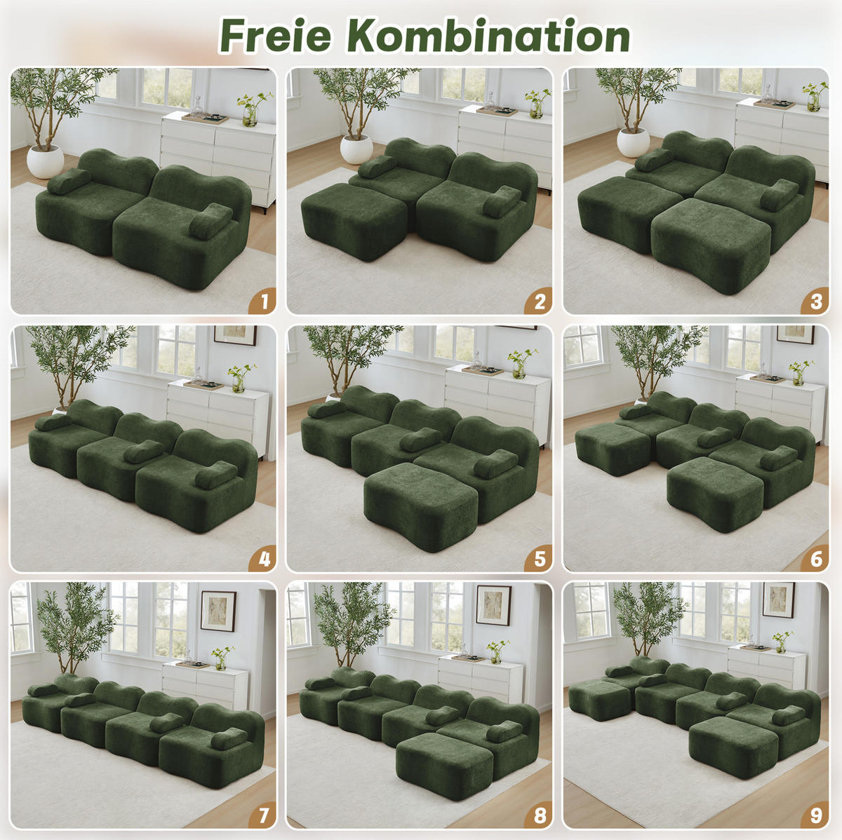 ECKSOFA 384/167/70 cm in Grün aus Samt, modular mit Ottomanen - Grün, Textil (167/384cm) - Flora Grace