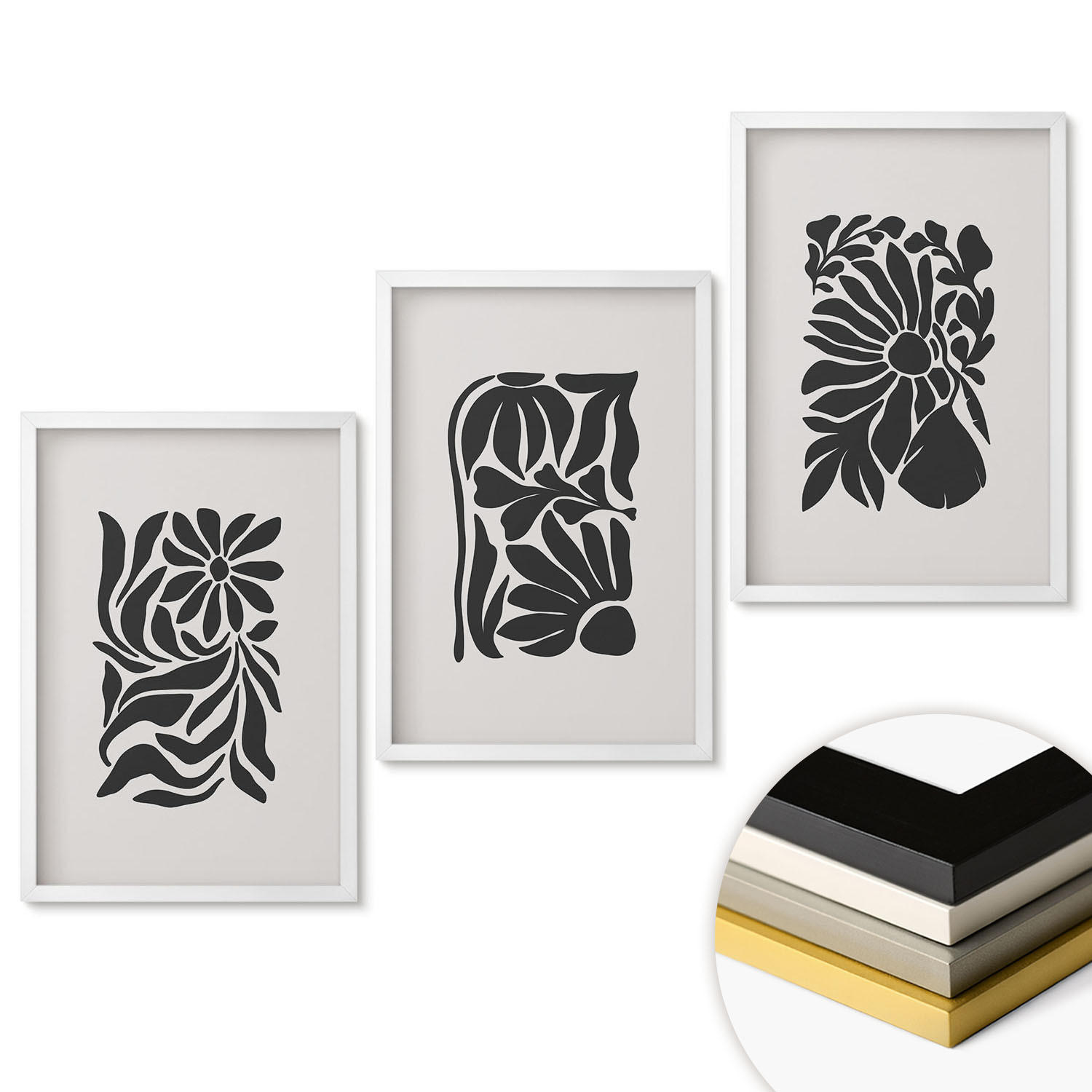 WANDBILDER 3er-Set - 40x60 cm Weißer Rahmen - Abstrakte Pflanzenmuster - Weiß, Kunststoff (40/60cm) - ArtPrintCave