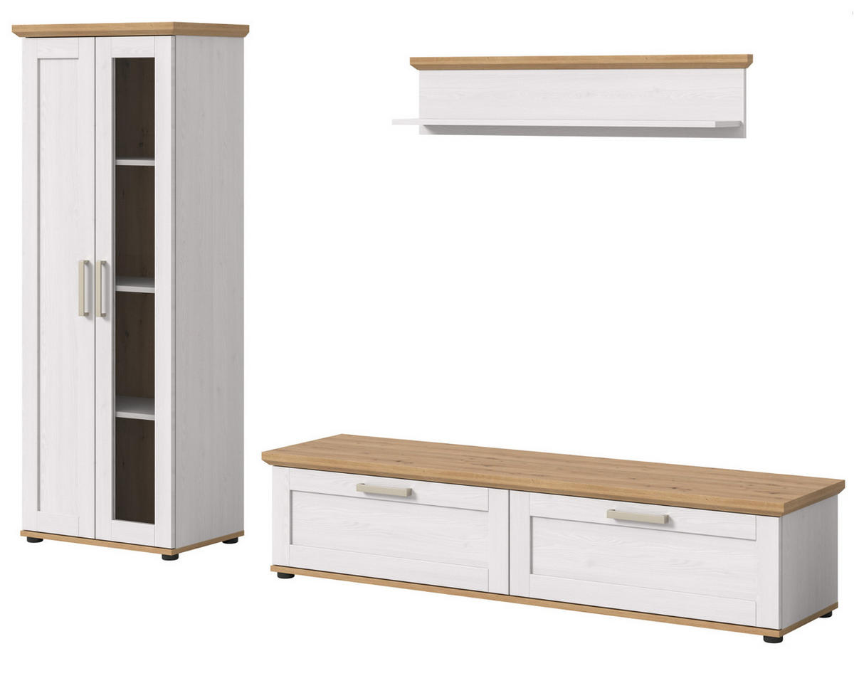 WOHNWAND 3-teilig weiß Lärche, Eiche Artisan 240 cm Landhaus, Schrankwand mit viel Stauraum - Silberfarben/Schwarz, Holzwerkstoff/Kunststoff (240/161/40cm) - Inn.Furn