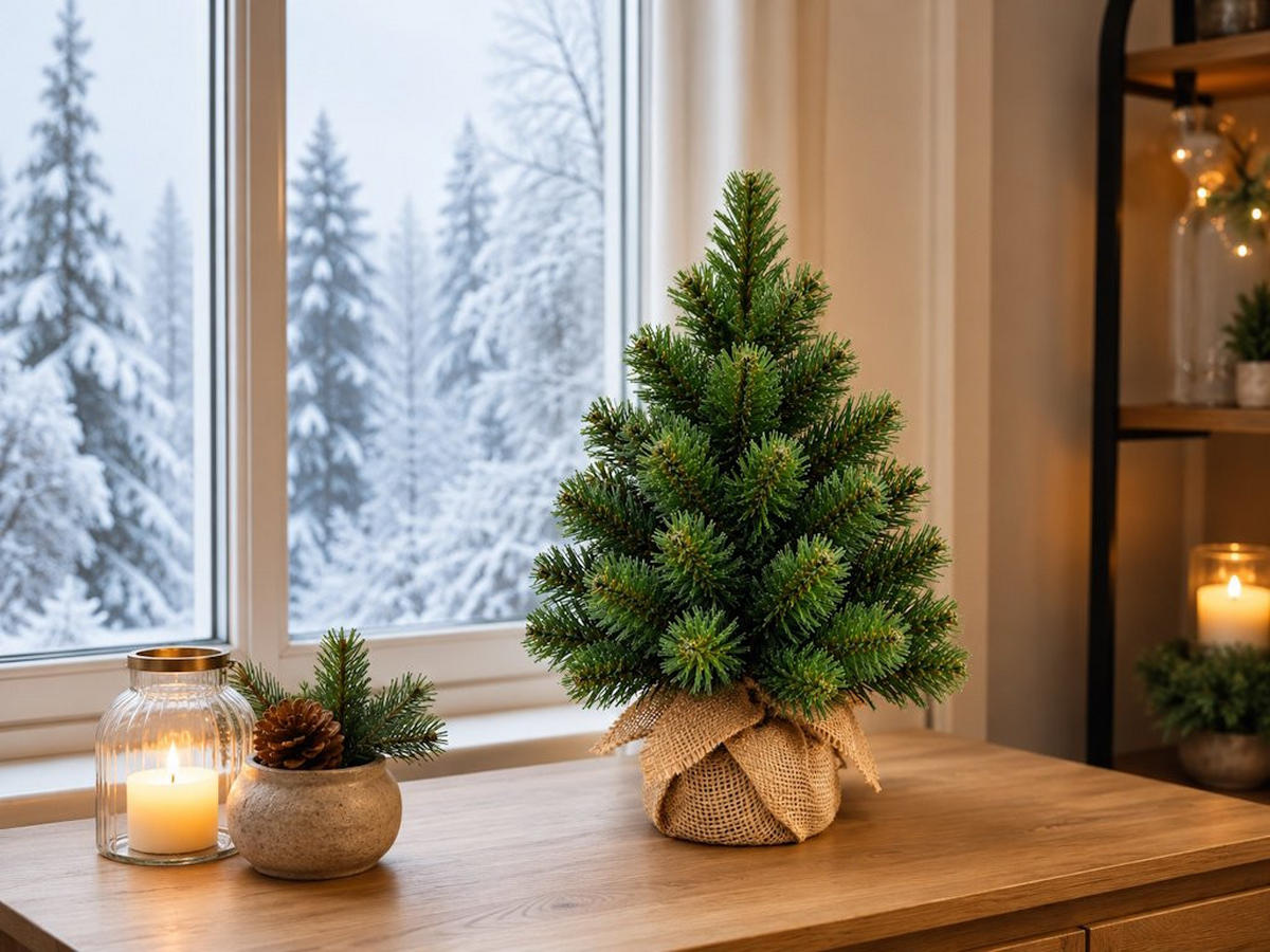 WEIHNACHTSBAUM künstlicher NARNIE 25 cm, grün, 2D, 21 Zweige, inkl. Pflanztopf mit Jutesack - Grün, Kunststoff/Stein (18/25cm) - LAALU