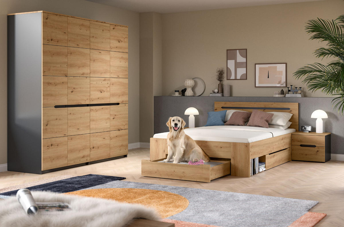 SCHLAFZIMMER Eiche Artisan, grau 4-teilig, Set mit Kleiderschrank, Bett und 2x Nachttisch - Eiche Artisan/Grau, Holzwerkstoff/Metall - Inn.Furn