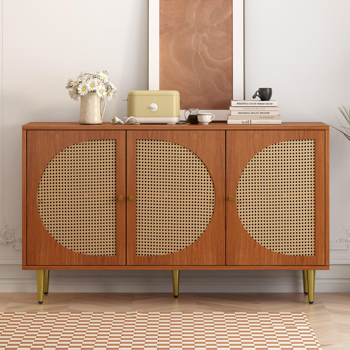 SIDEBOARD 129.8/40/76 cm Walnuss aus Spanplatte mit Rattan-Webung - Walnussfarben, Holzwerkstoff (40/76/129.8cm) - OKMYHOME