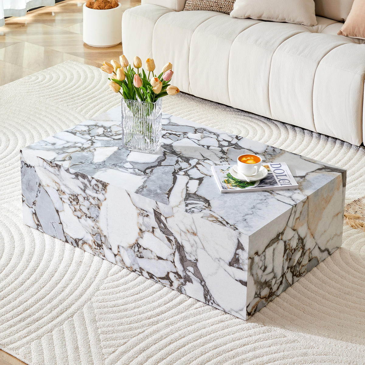 COUCHTISCH 90/50/30 cm weiß aus MDF mit Marmoroptik ohne Montage - Weiß, Holzwerkstoff (90/50/30cm) - OKWISH