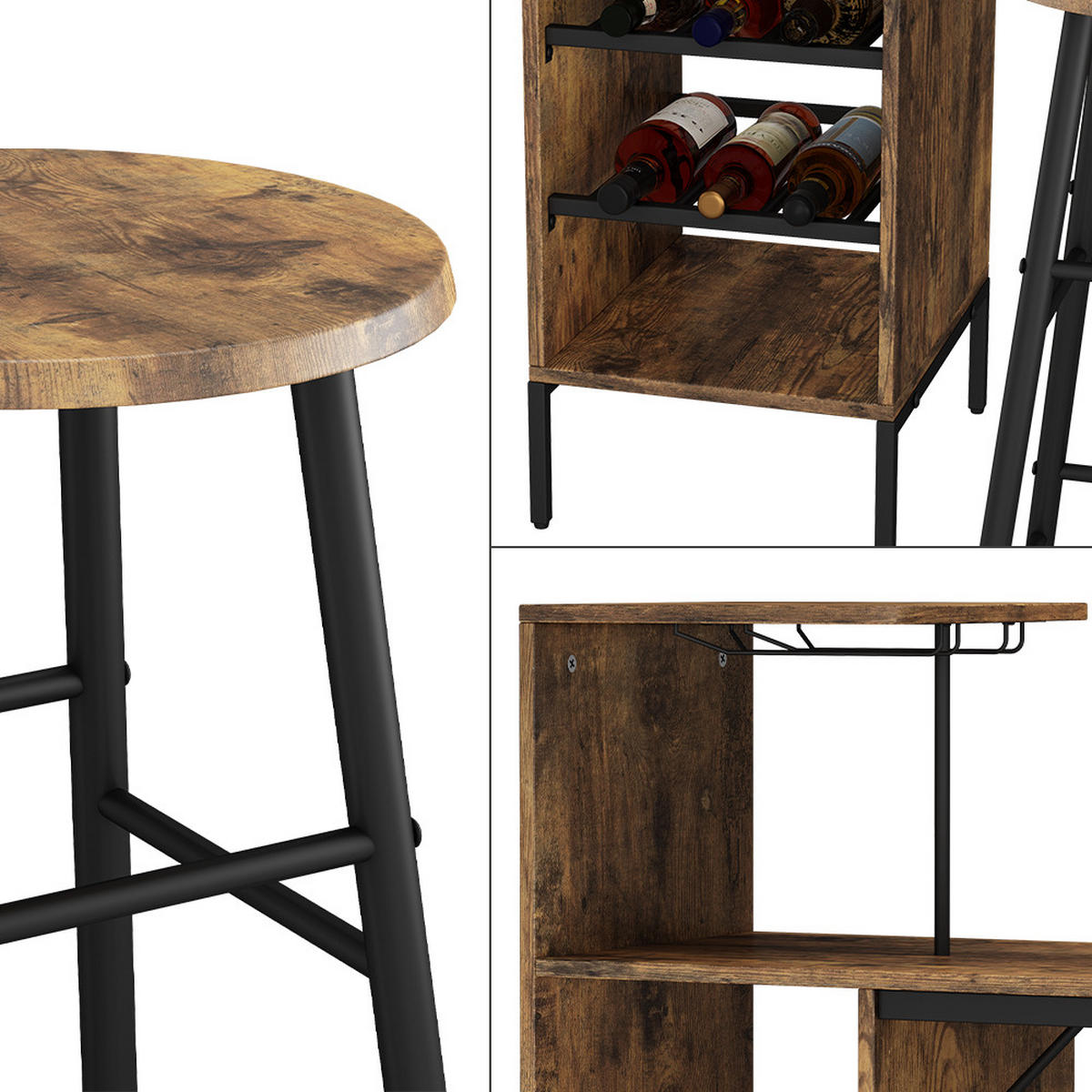 BARTISCH-SET Fyrk Schwarz/Eiche rustikal 121.5 x 40 cm mit 2 Hocker - Wildeiche/Schwarz, Holzwerkstoff (121.5/120/40cm) - Vicco