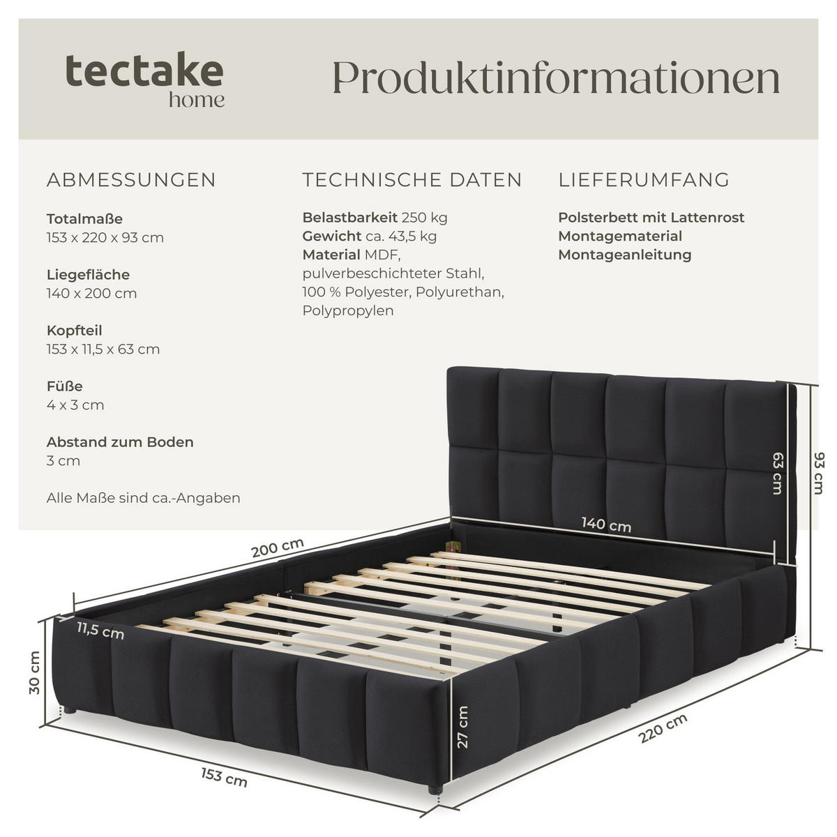 POLSTERBETT Shirley, Belastbarkeit 250 kg, Samtoptik schwarz - Schwarz/Samtahornfarben, Holz (140/200cm) - tectake