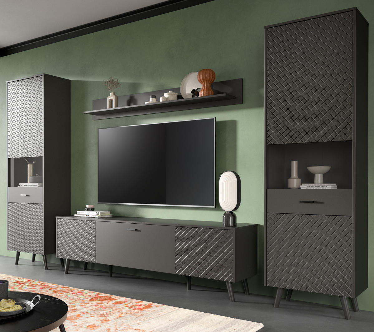 WOHNWAND grau matt 4-teilig 331 cm, Schrankwand mit Struktur - Schwarz/Grau, Glas/Holzwerkstoff (331/195/40cm) - Inn.Furn