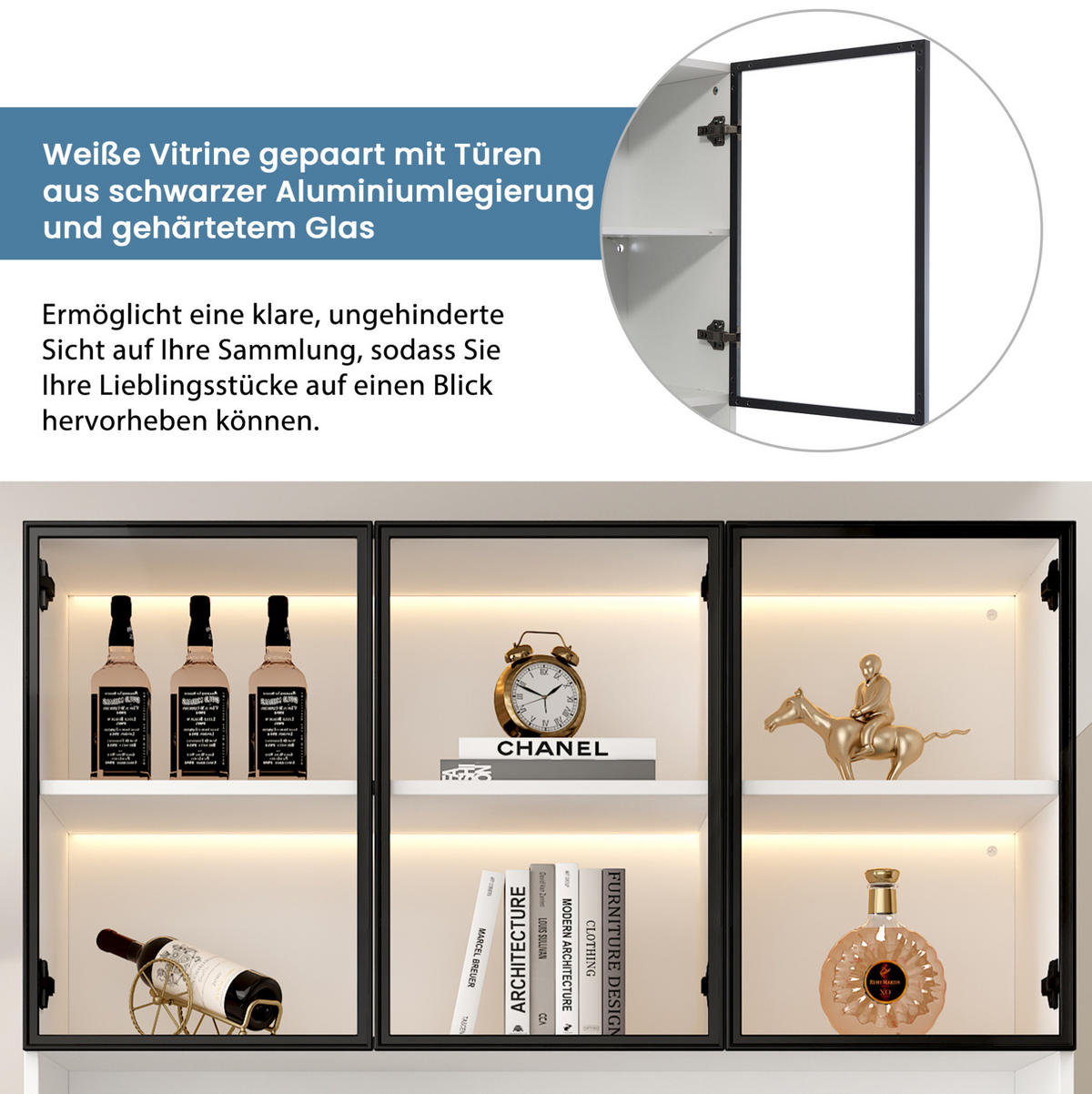VITRINENSCHRANK mit LED 240 x 200 cm Weiß mit schwarzem Aluminiumrahmen - Weiß, Holzwerkstoff (240/200/36cm) - Beauniv