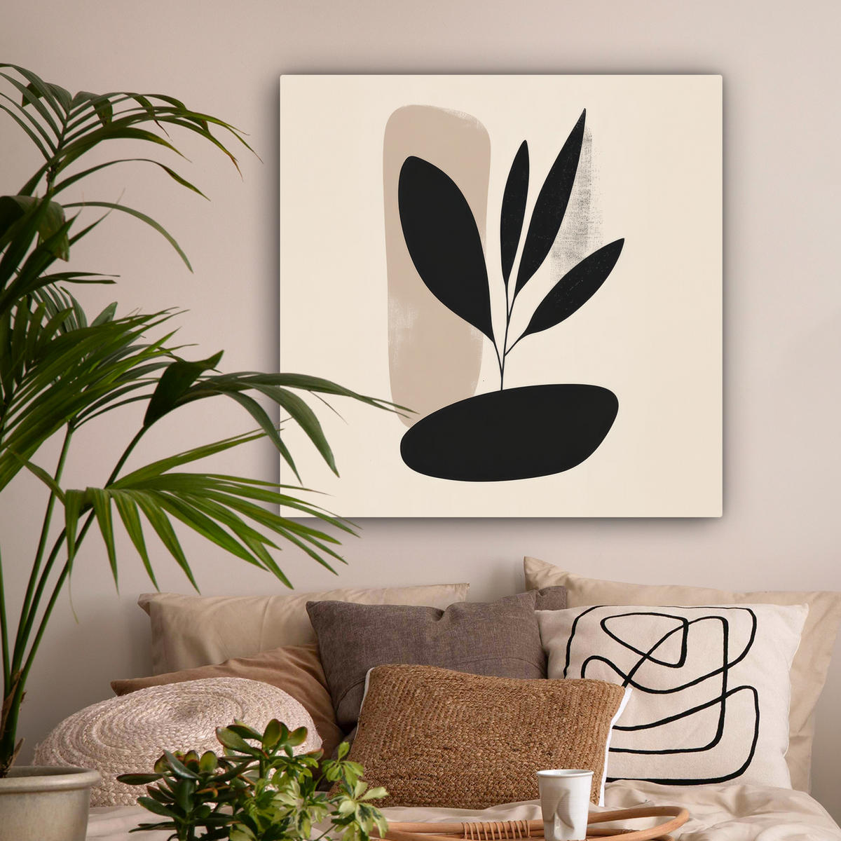 LEINWANDBILD Pflanze - Beige - Japanisch Deko Groß 90x90 cm - Schwarz, Textil (90/90cm) - MuchoWow